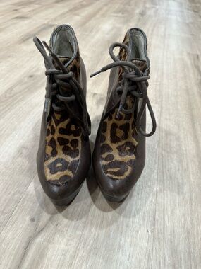 Michael Kors Brown Genuine Leather Ankle Boots with Leopard Inset
